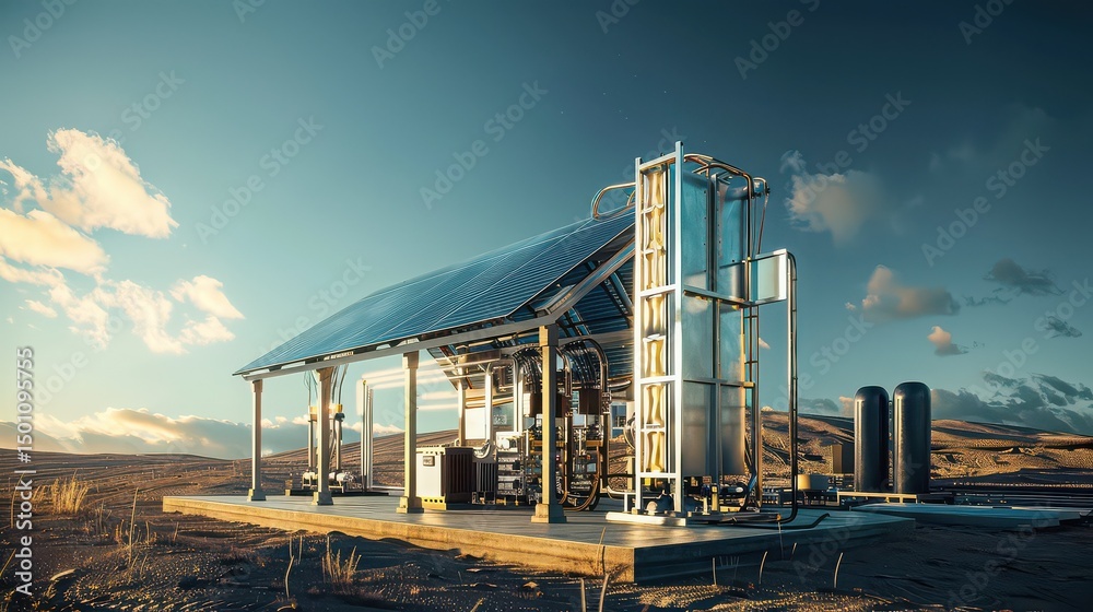 Fototapeta premium Solar panel array structure with industrial equipment in a desert landscape under a blue sky