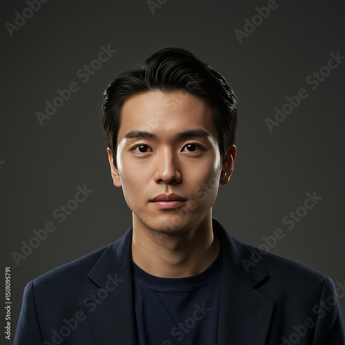 Photo of a handsome young Asian man in a dark suit portrait studio backdrop