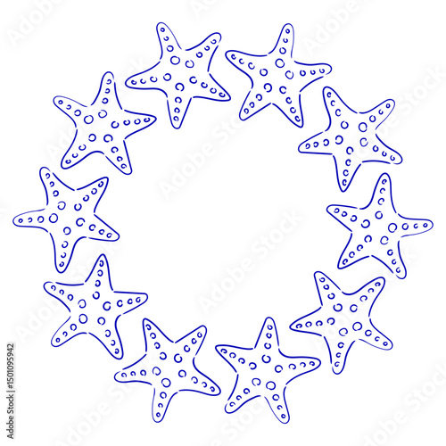 Starfish arranged in a circular pattern with a white background creates a whimsical aquatic design for decor or crafts