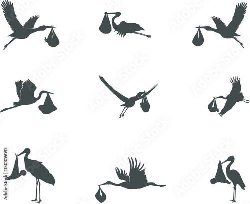 Stork carrying baby silhouette, Flying stork carrying baby silhouette, Stork baby delivery silhouette
