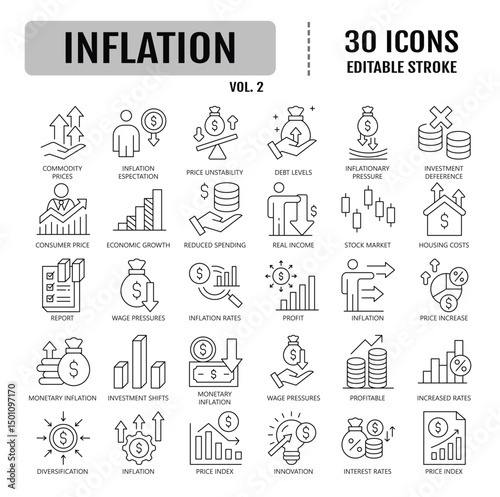 Inflation Editable Stroke Line Icon set. Containing Price Increase, Cost Surge, Inflation Rate, Economic Impact and Consumer Prices. Vector Illustration
