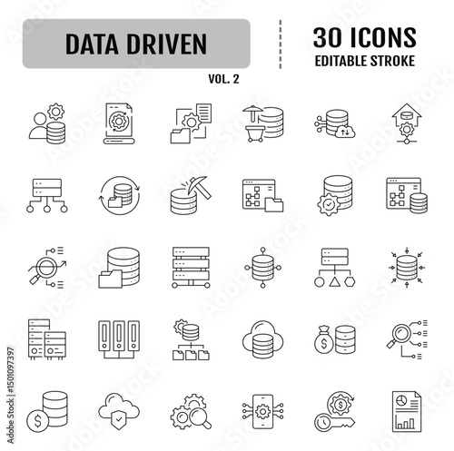 Data driven line editable icon set. Containing as big data, data mining, algorithm, analytics, machine learning, ai, science, warehouse, database, dataset and more. Vector illustration