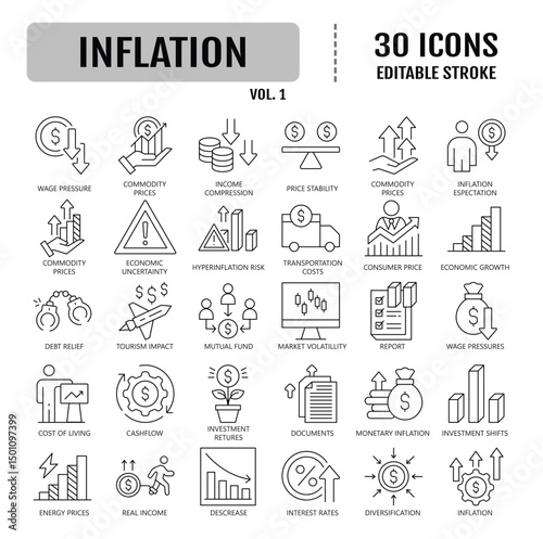 Inflation Editable Stroke Line Icon set. Containing Price Increase, Cost Surge, Inflation Rate, Economic Impact and Consumer Prices. Vector Illustration