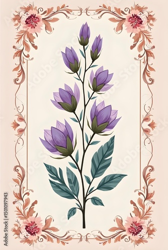 Elegant botanical illustration of a blooming purple flower branch, framed by ornate vintage floral designs in warm tones
