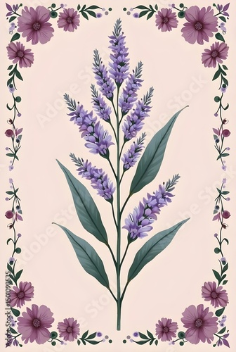 Elegant sprig of lavender with vibrant purple blossoms and lush green leaves, digitally illustratedfloral design elements in summer