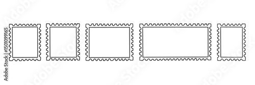Stamp post postcard frame doodle shape set. Postage postal mail outline border. Vector illustration