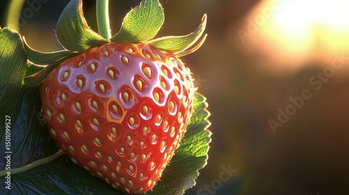 Ripe, red strawberry on the vine, glistening in sunlight