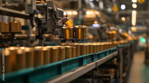Canned food production line, factory view of labeling machines on tin cans