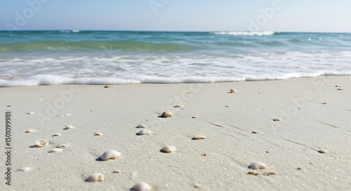 Seashells on a Pristine White Sand Beach with Gentle Waves