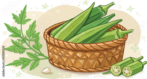 Ladies Finger Okra in Wicker Basket Natural Background Illustration