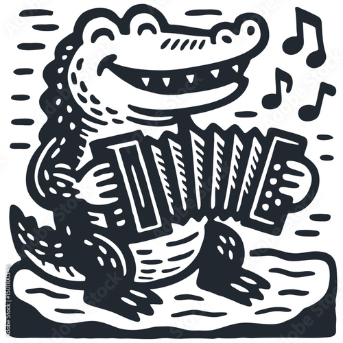 Vector: A cheerful alligator or crocodile plays the accordion with musical notes. Retro hand-drawn linocut or woodcut style. Fun musical reptile character.
