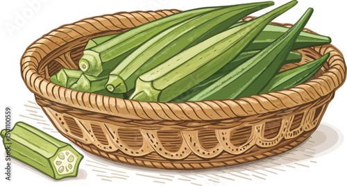 Ladies Finger Okra in Wicker Basket White Background Illustration