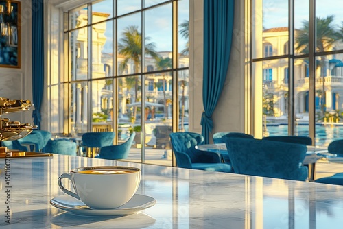Sunlit cafe with ocean view, plush seating, and a steaming cup of coffee on marble counter