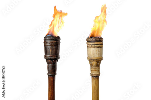 Two lit tiki torches isolated on transparent PNG background