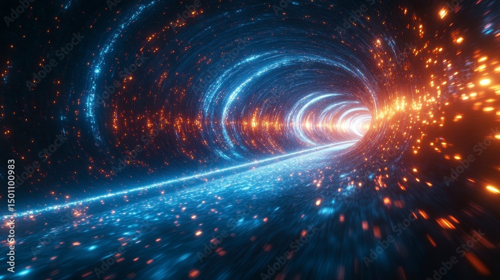 Obraz premium Tunnel Swirling light tunnel effect with blue, orange, and white hues, appearing like a wormhole