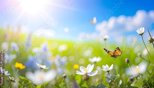 Art Beautiful blurred spring background nature with blooming glade, butterfly and blue sky on a sunny day
