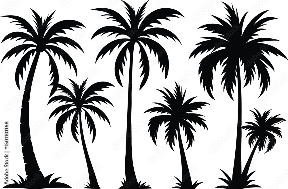 Fototapeta premium Palm Tree Silhouettes for Tropical Designs. Tropical Palm Tree Silhouette Art Collection. Palm Tree Silhouette Illustrations for Creative Use. Sunset Style Palm Tree Silhouettes for Designers