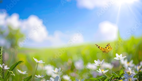 Art Beautiful blurred spring background nature with blooming glade, butterfly and blue sky on a sunny day
