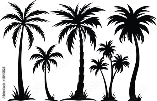 Palm Tree Silhouettes for Tropical Designs. Tropical Palm Tree Silhouette Art Collection. Palm Tree Silhouette Illustrations for Creative Use. Sunset Style Palm Tree Silhouettes for Designers