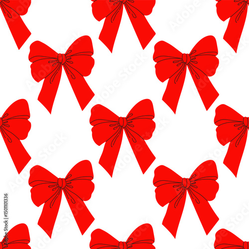 Red bows decorate a festive white background, perfect for holiday celebrations and gift wrapping