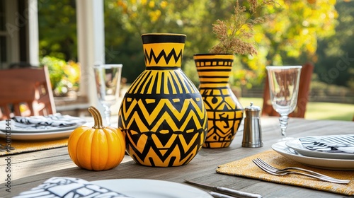 Yellow and black patterned vases on a fall-themed outdoor table setting