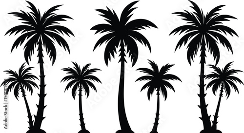 Palm Tree Silhouettes for Tropical Designs. Tropical Palm Tree Silhouette Art Collection. Palm Tree Silhouette Illustrations for Creative Use. Sunset Style Palm Tree Silhouettes for Designers