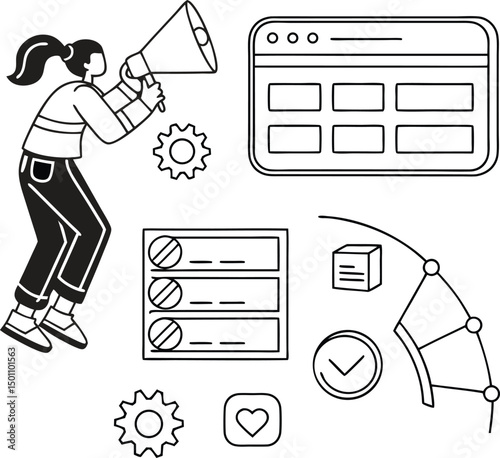 Stylish Woman Announcing Marketing Strategy Design Elements