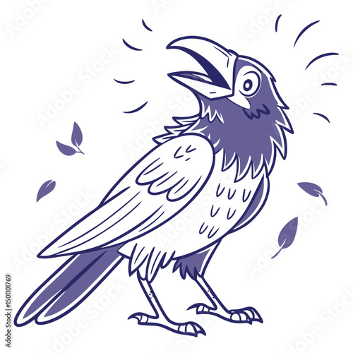 Drawn crow, depicted through stylized lines, appears to caw amidst falling leaves