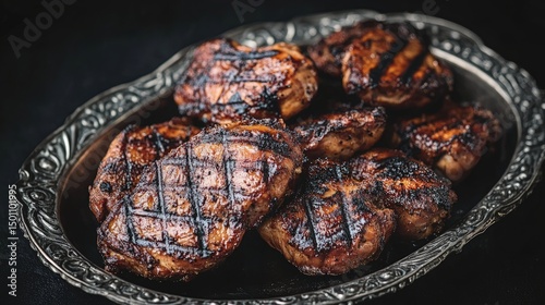 Grilled chicken pieces with char marks, arranged on an ornate silver platter against a dark background