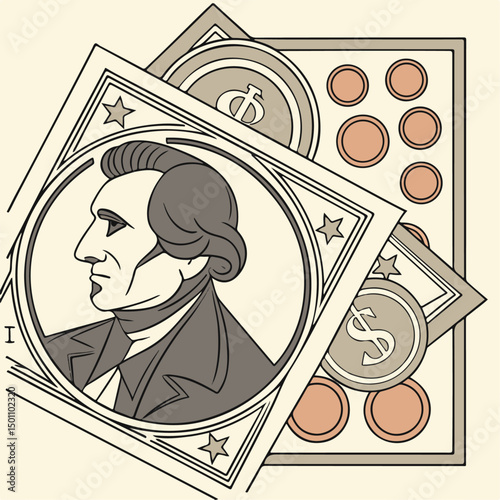Dystopian Dollars – Halftone Style Money Cut-Out Set .coins, with vintage dotted texture and doodles. Modern retro mixed media vector illustration