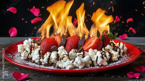 Flaming dessert of strawberries, popcorn, chocolate, and marshmallows