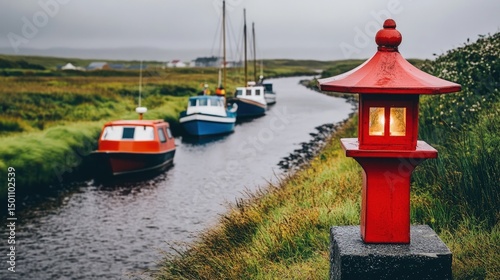 Red lantern illuminates tranquil waterway with moored boats