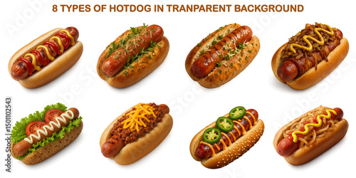 Realistic 3D Render of 8 Varieties of Hot Dogs Isolated on Transparent Background for Design Use