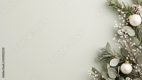 Christmas decoration creating a festive atmosphere with white ornaments, pine cones, and eucalyptus leaves arranged on a soft green background