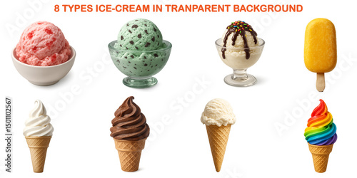 Realistic 3D Render of 8 Ice Cream Types Isolated on Transparent Background for Design Projects