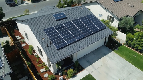 Aerial view of a house with solar panels on the roof in a suburban neighborhood on a sunny day