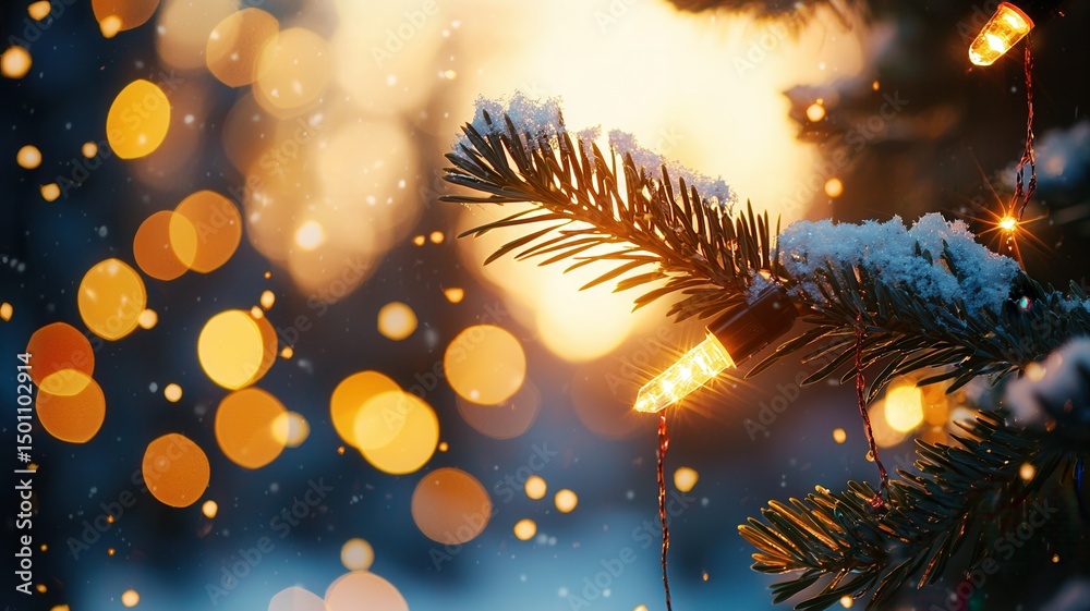 custom made wallpaper toronto digitalSnowflakes drifting onto pine branch, warm lights glowing behind snowy christmas tree, capturing serene winter holiday moment