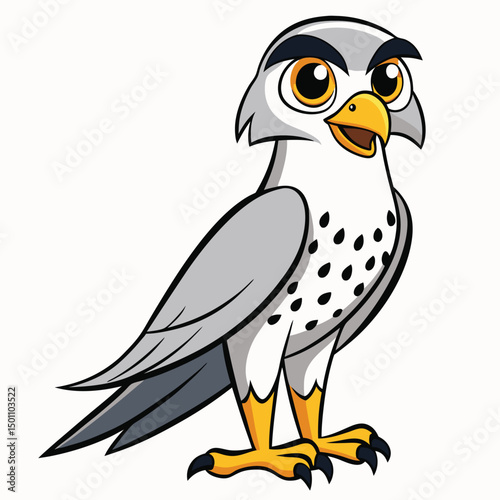 Cartoon merlin falcon with yellow eyes stands alertly, showcasing its unique spotted plumage