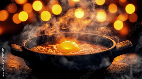 Steaming bowl of noodles with a perfectly cooked egg, set against a warm, bokeh-lit background