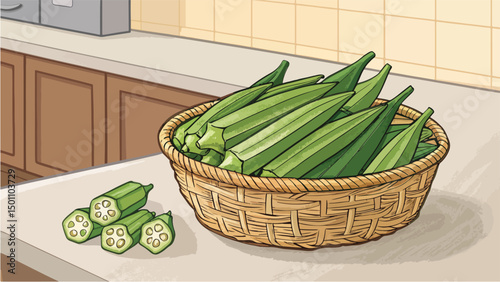 Ladies Fingers in a Basket Fresh Produce Kitchen Vector Design