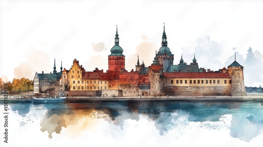 Fototapeta premium Kronborg Castle. Kronborg Castle hand drawn watercolor illustration