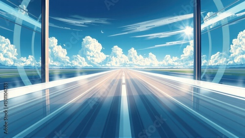 A reflective glass surface of a building mirrors a runway extending into the distance under a bright sky with scattered clouds. Generative, AI,