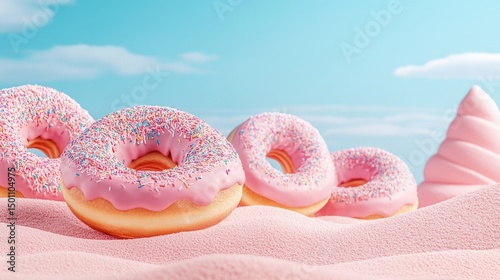 Pink donuts with sprinkles on pink sand under a blue sky