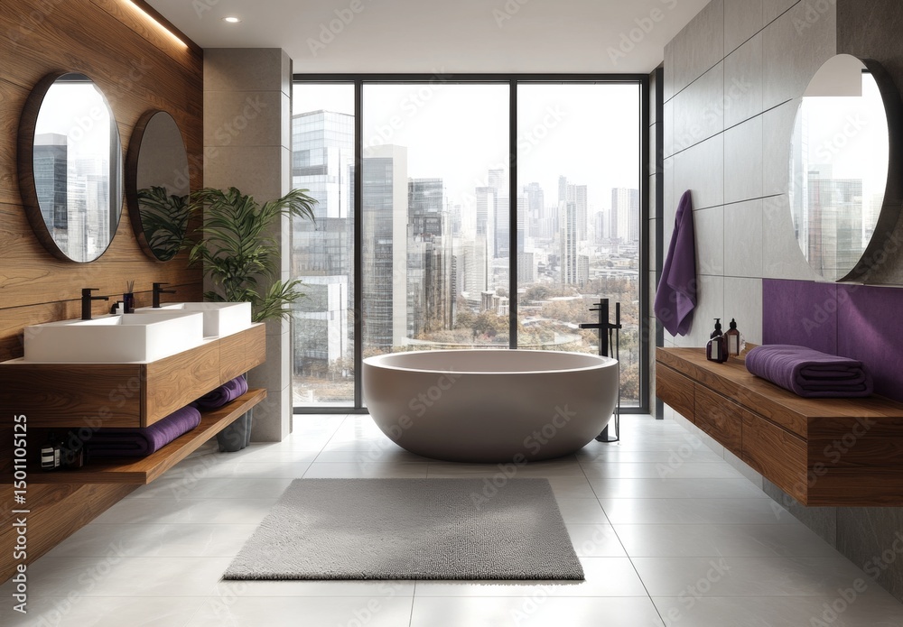 Fototapeta premium A large bathtub with a purple cover sits in a bathroom with a view of the city