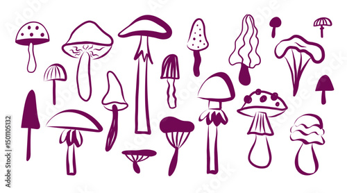 Mushrooms, sketch on isolated background. Hand drawn illustration with toadstool, chanterelles, honey fungus, morels, butter mushroom, fly agaric, oyster, russula, spongy.  Food, forest plants, nature