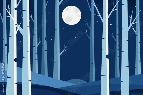 a frosty birch forest glowing under a pale full 
