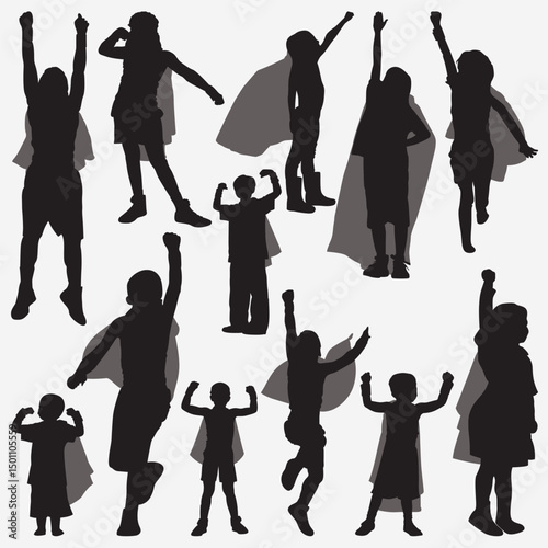 Young Superheroes: Silhouette of Children with capes, embodying imagination and adventure. This image captures the essence of childhood, bravery, and limitless potential.