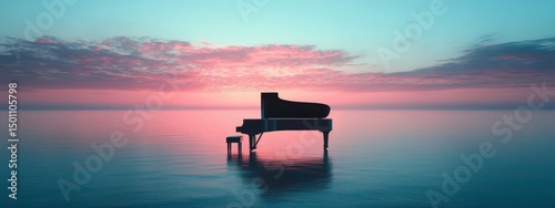 A piano is floating on the water in a beautiful sunset