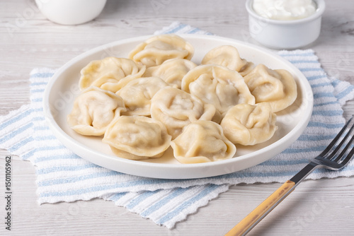 Traditional pelmeni, ravioli, dumplings filled with meat on plate, russian kitchen