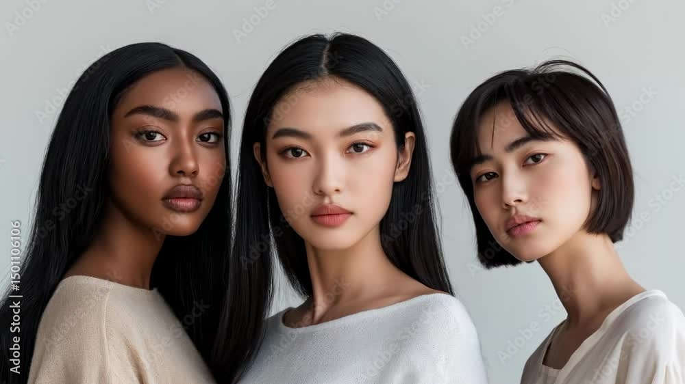 Three diverse young women with natural makeup and neutral outfits posing together, expressing unity, confidence, and modern femininity Three diverse young women with natural makeup and neutral outfits posing together, expressing unity, confidence, and modern femininity